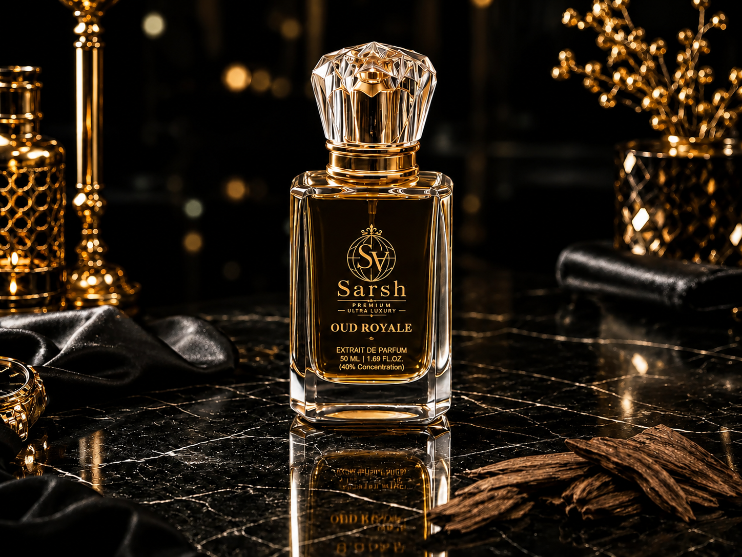 Oud Royale by Sarsh Premium — luxury oud fragrance in a gold-accented crystal bottle, 50ml Extrait de Parfum